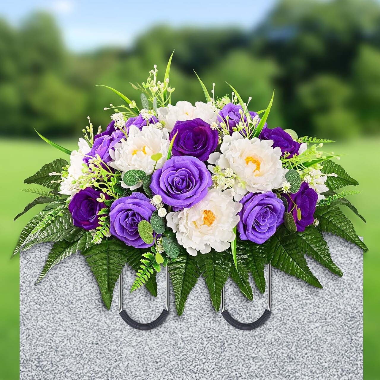 Headstone Flower Saddle with Realistic Peony & Rose - Purple Artificial Cemetery Flowers for Grave - UV Resistant Weatherproof Memorial Day Grave Decorations - Secure Fit Tombstone Arrangement